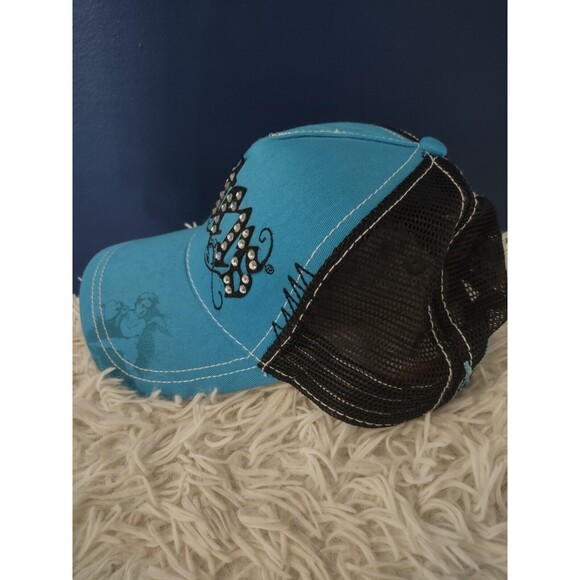Hooters Trucker Baseball Hat Cap Snap Back One Size Blue Teal Rhinestone - Picture 3 of 8